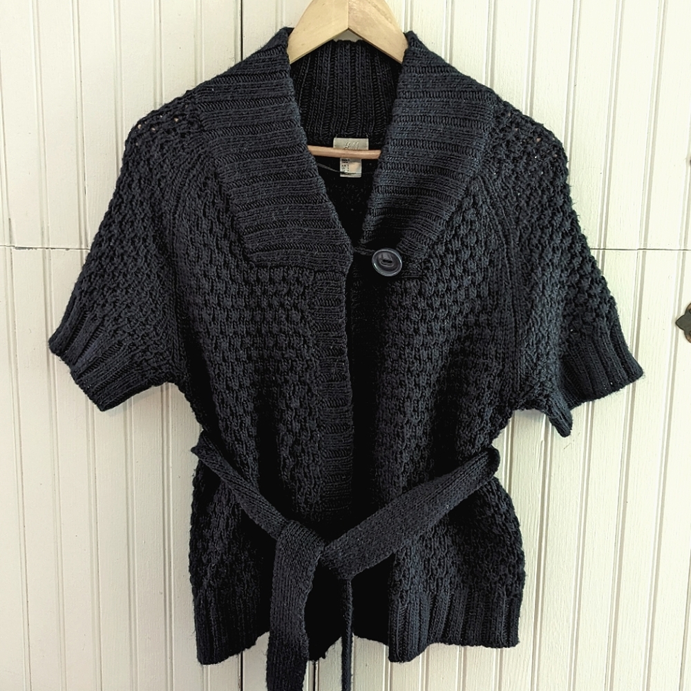 H&M Navy Blue Sweater Top with button and tie waist